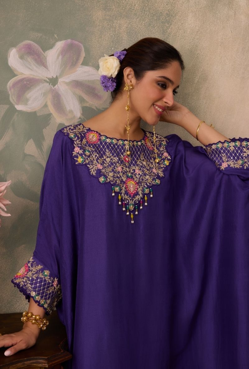 Purple Embroidered Neck Jalsa Kaftan  Set