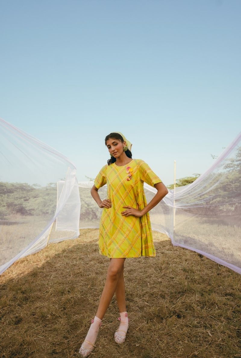 Yellow Colourful Checkered Short Barfi Dress
