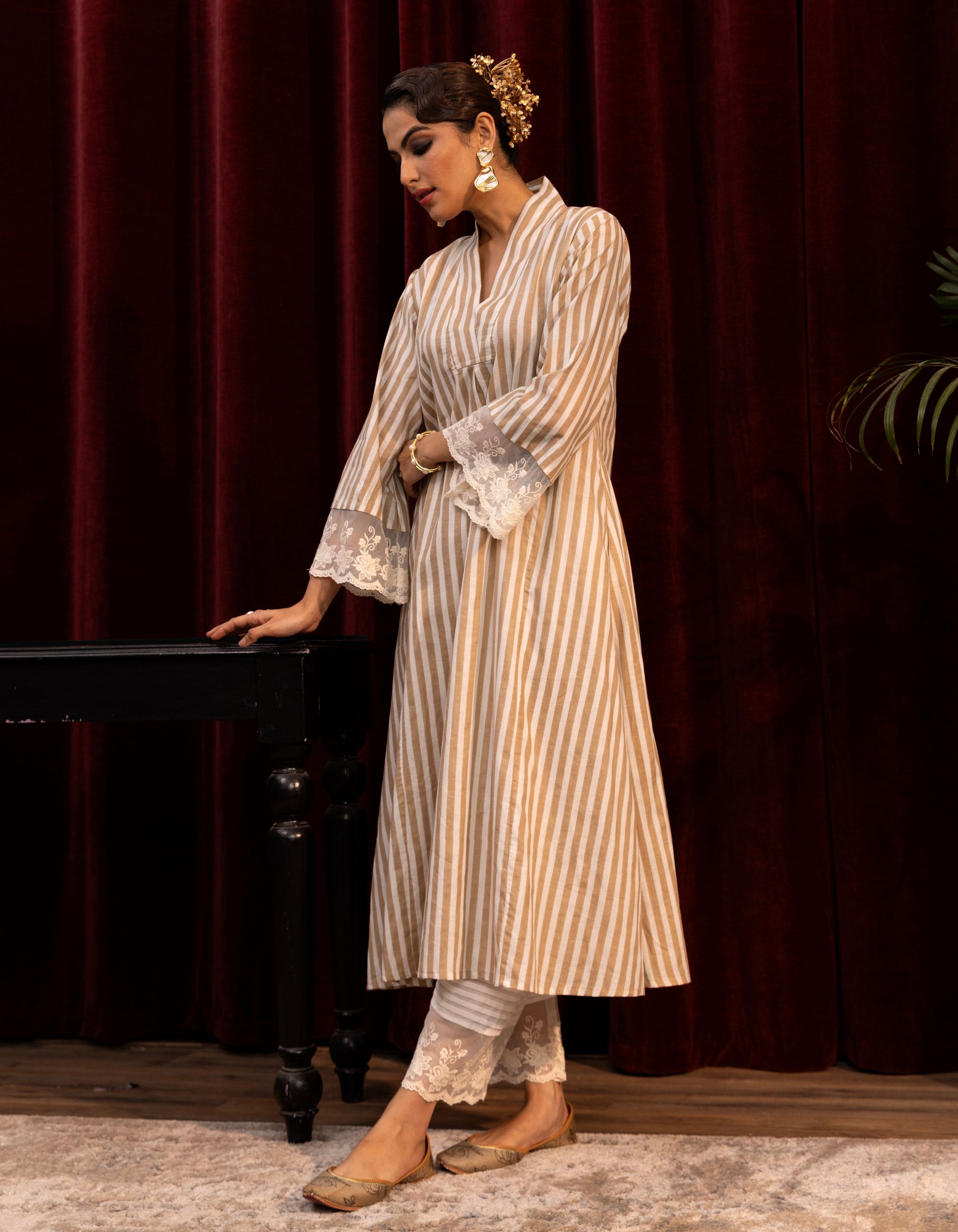 Beige and White Stripes Block Print Mogra Kurta  Set