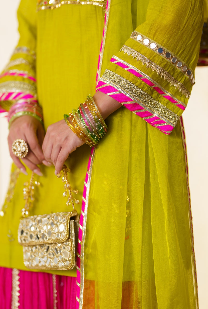 Lime Green Elephnat Motif Nargis Gharara Set