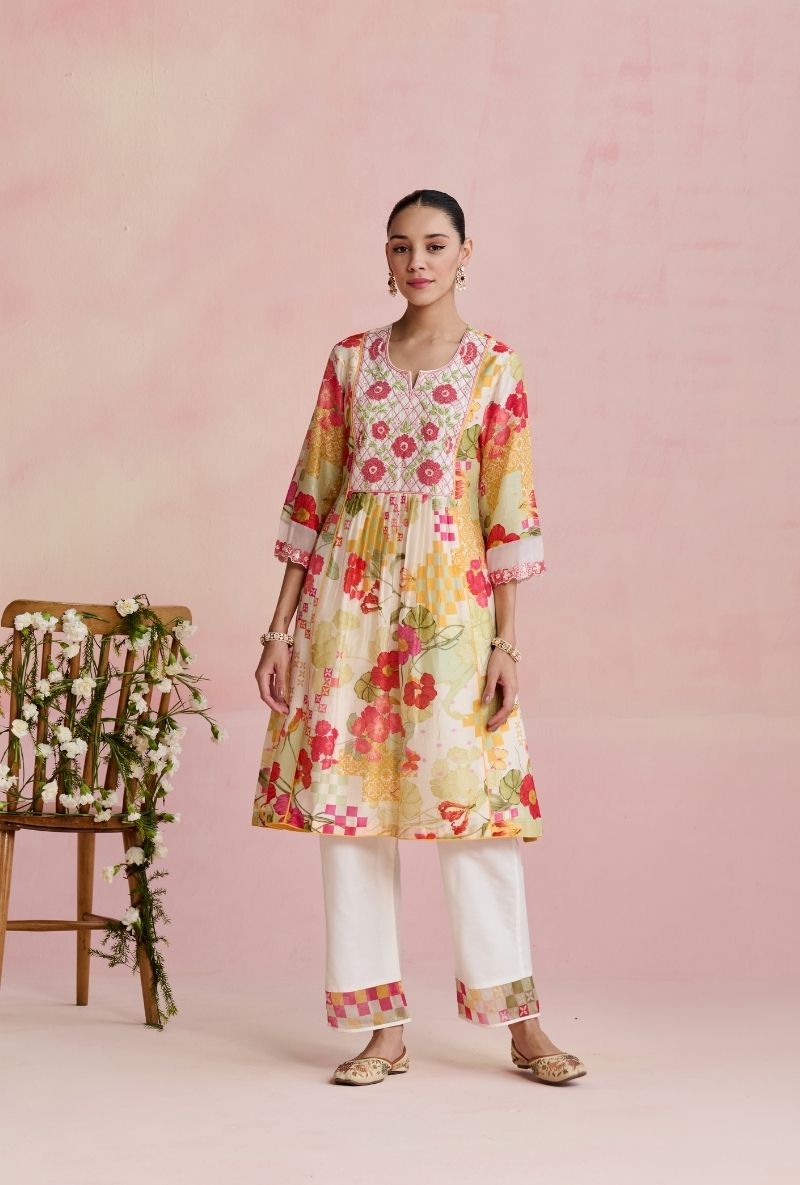 Multi Color Jaal Embroidered Yoke Amara Kurta Set