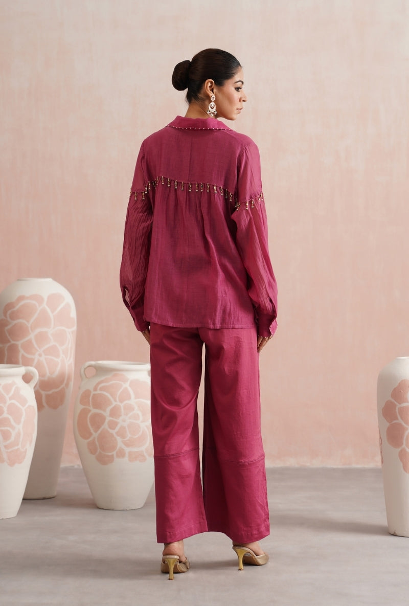 Fuschia Pink Pearl and Polki Embroidered Shirt Prisha Co-ord Set