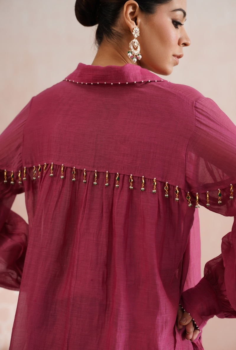 Fuschia Pink Pearl and Polki Embroidered Shirt Prisha Co-ord Set