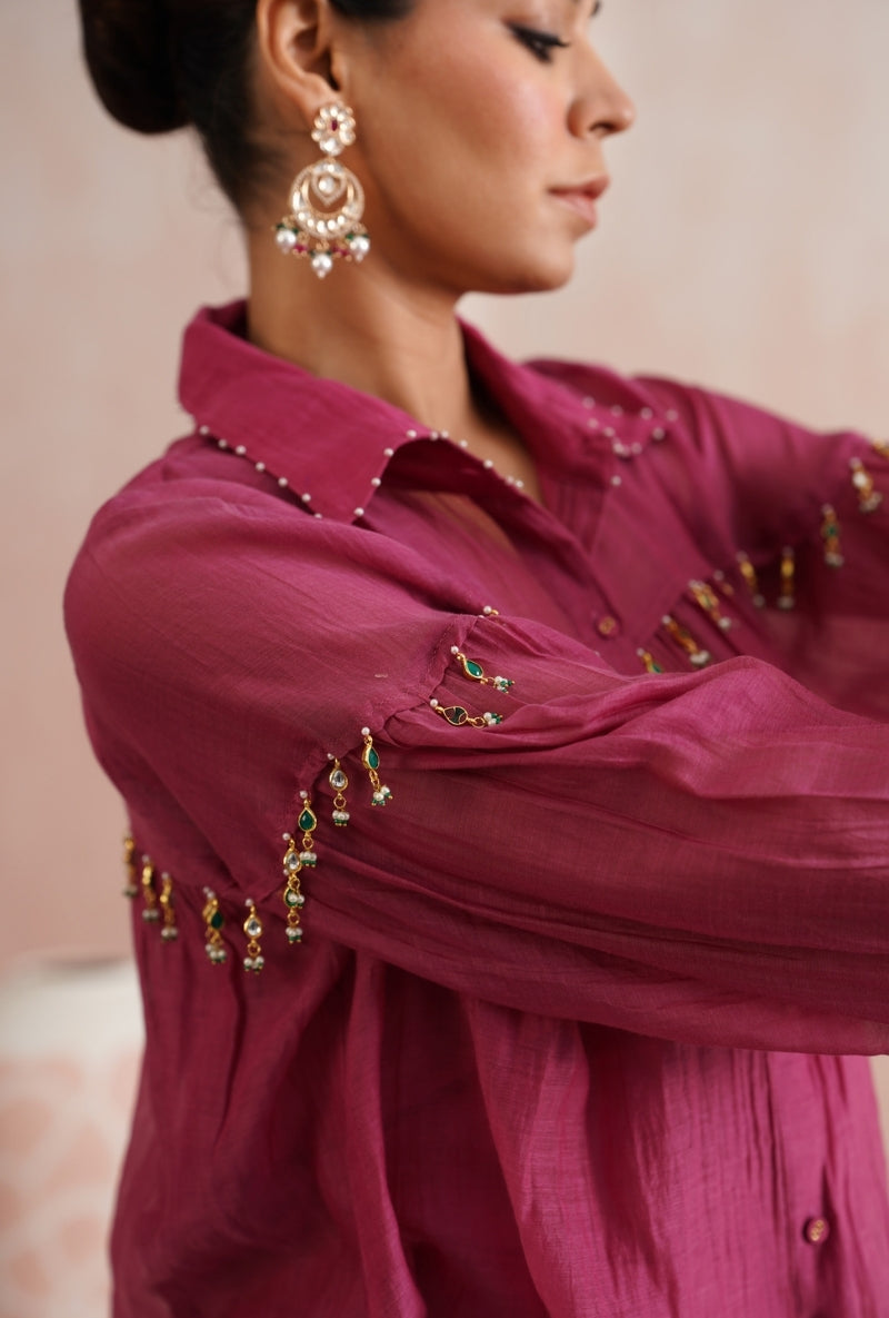 Fuschia Pink Pearl and Polki Embroidered Shirt Prisha Co-ord Set