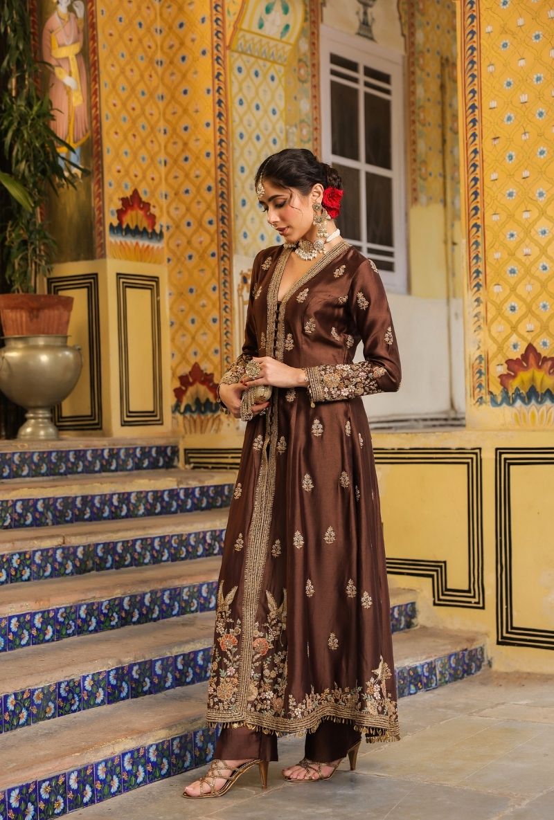 Brown Jacket Mehfil Anarkali Set