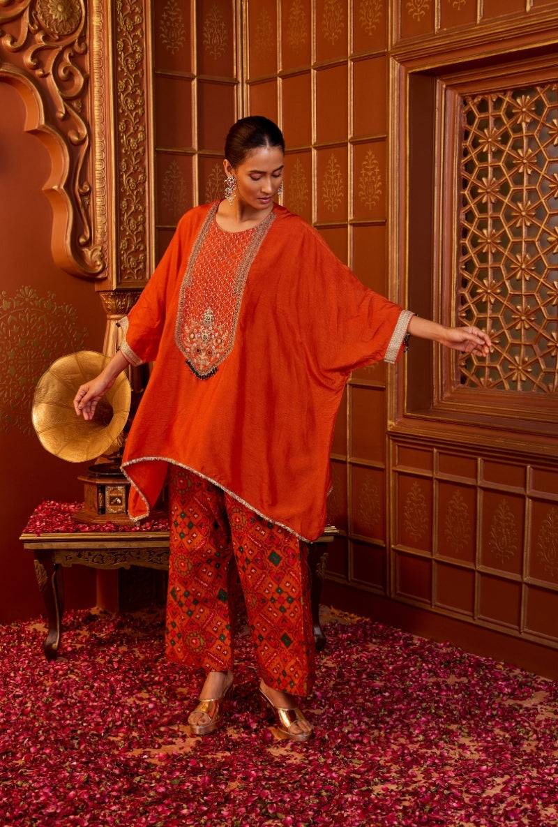 Orange Embroidered Yoke Asymmetric Oorja Kurta Set
