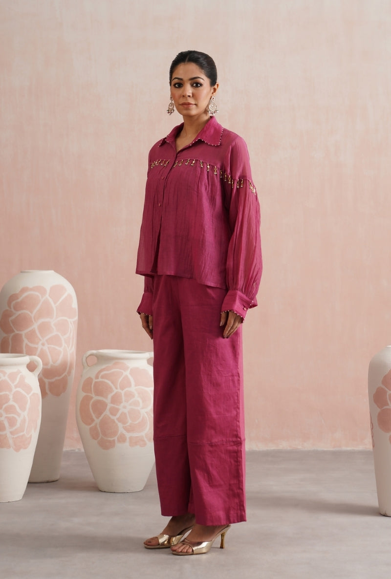Fuschia Pink Pearl and Polki Embroidered Shirt Prisha Co-ord Set
