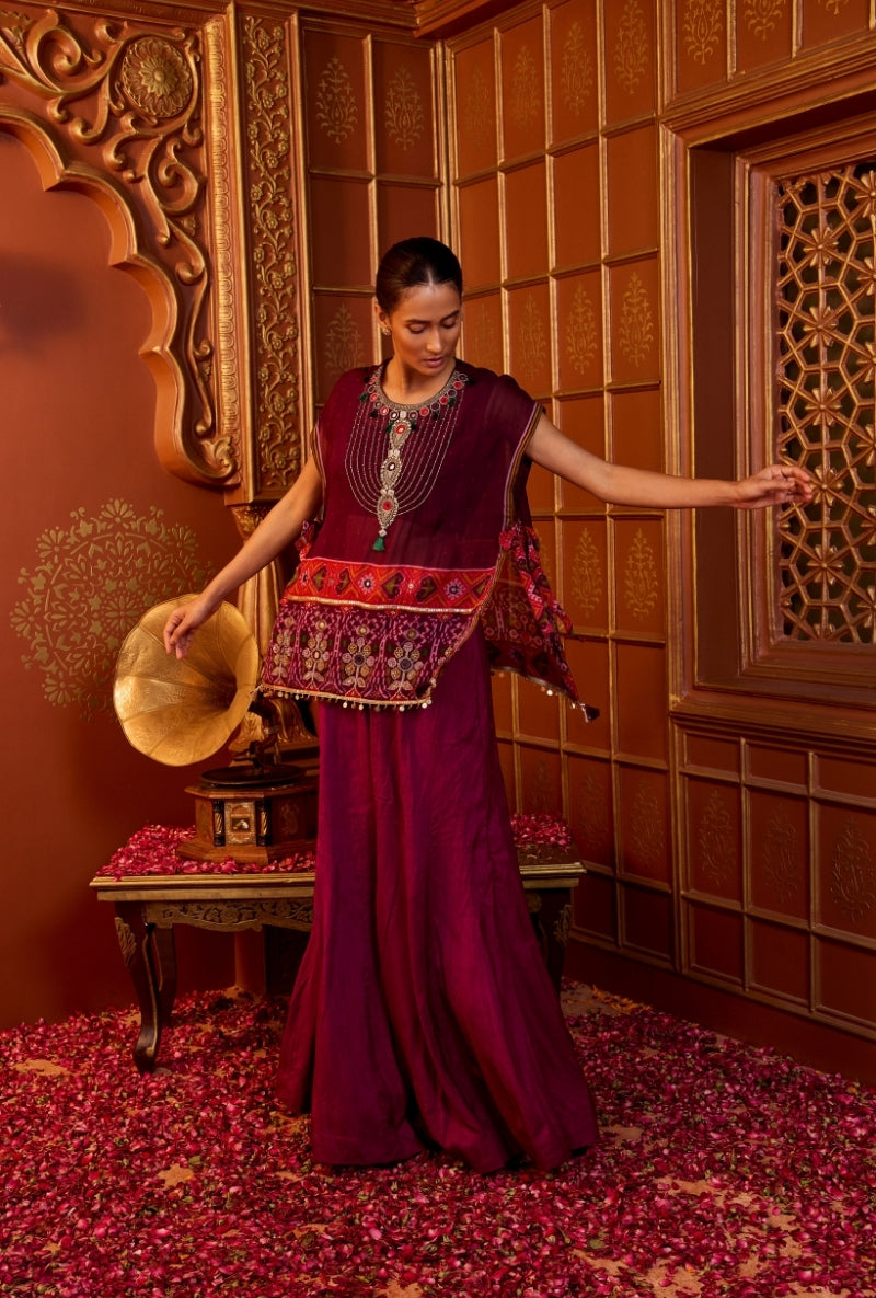 Wine Ptola Print Bib Style Oorja Co-Ord Set