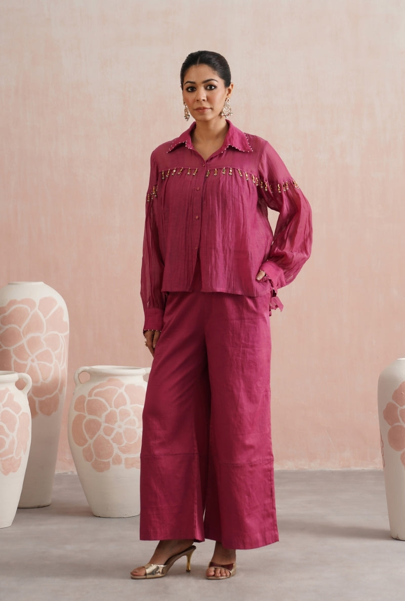 Fuschia Pink Pearl and Polki Embroidered Shirt Prisha Co-ord Set