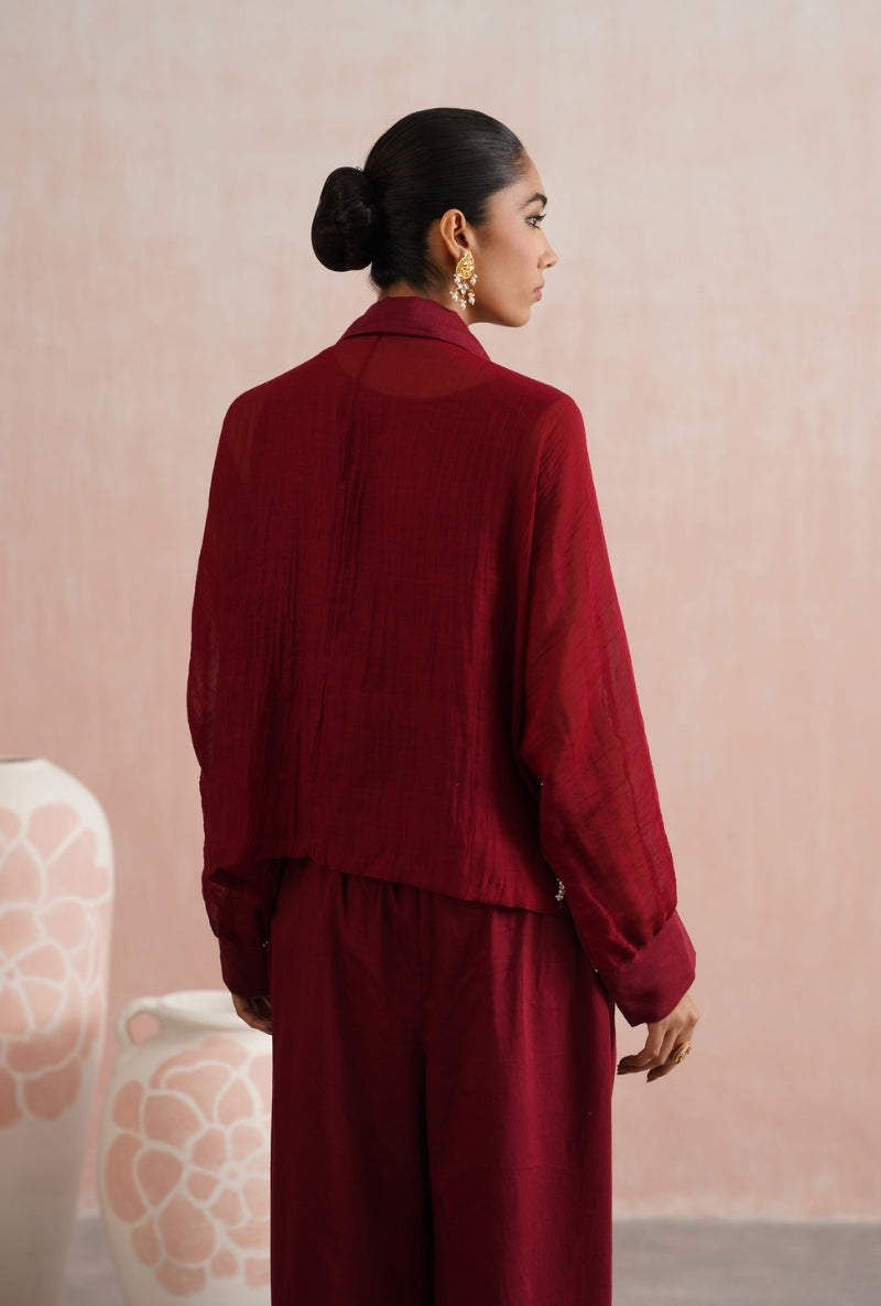 Maroon Pearl and Ruby Embroidered Kimono Prisha Co-ord Set