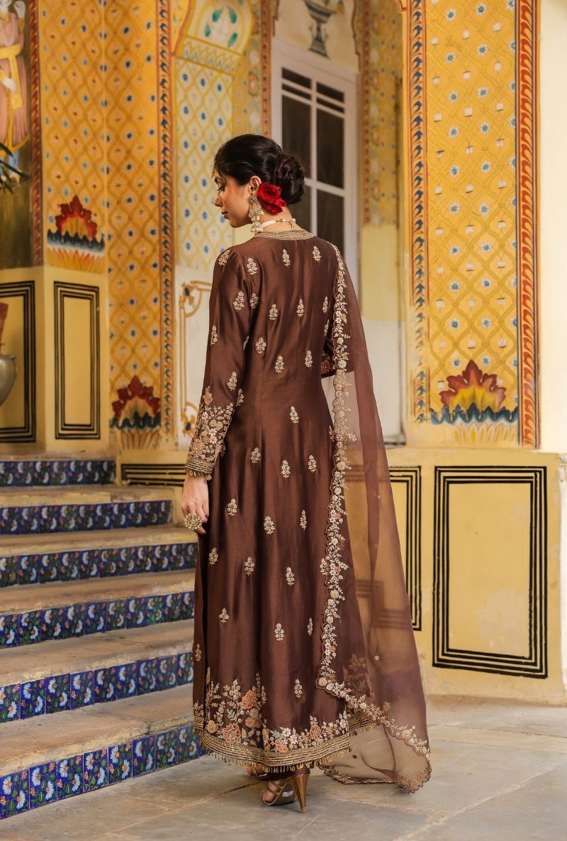 Brown Jacket Mehfil Anarkali Set