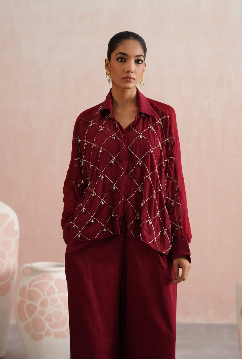 Maroon Pearl and Ruby Embroidered Kimono Prisha Co-ord Set