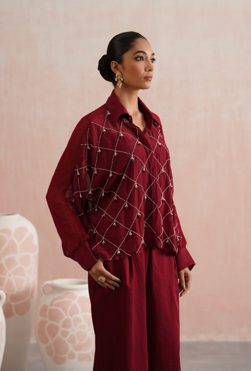 Maroon Pearl and Ruby Embroidered Kimono Prisha Co-ord Set