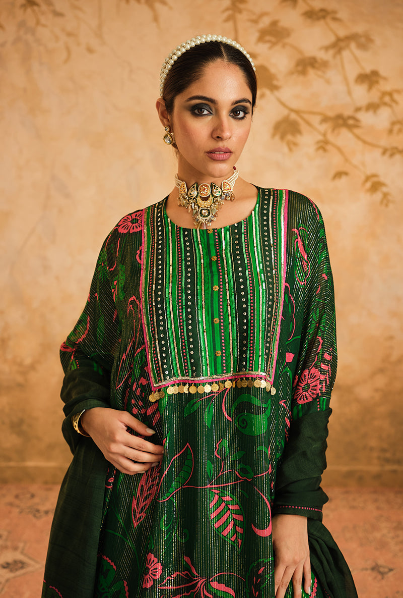 Green Short Kurta Goonj Sharara Set
