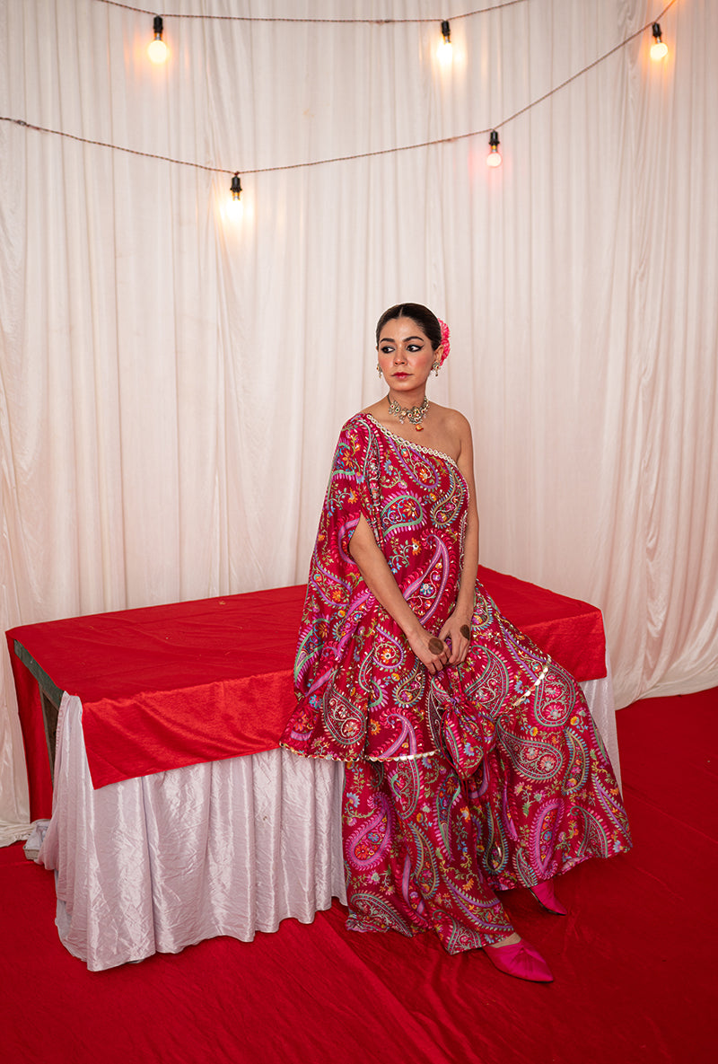 Maroon Off Shoulder Kikli Sharara Set