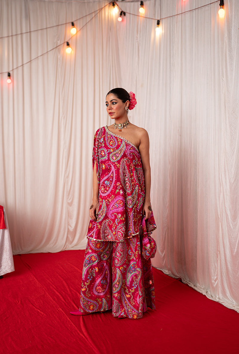 Maroon Off Shoulder Kikli Sharara Set