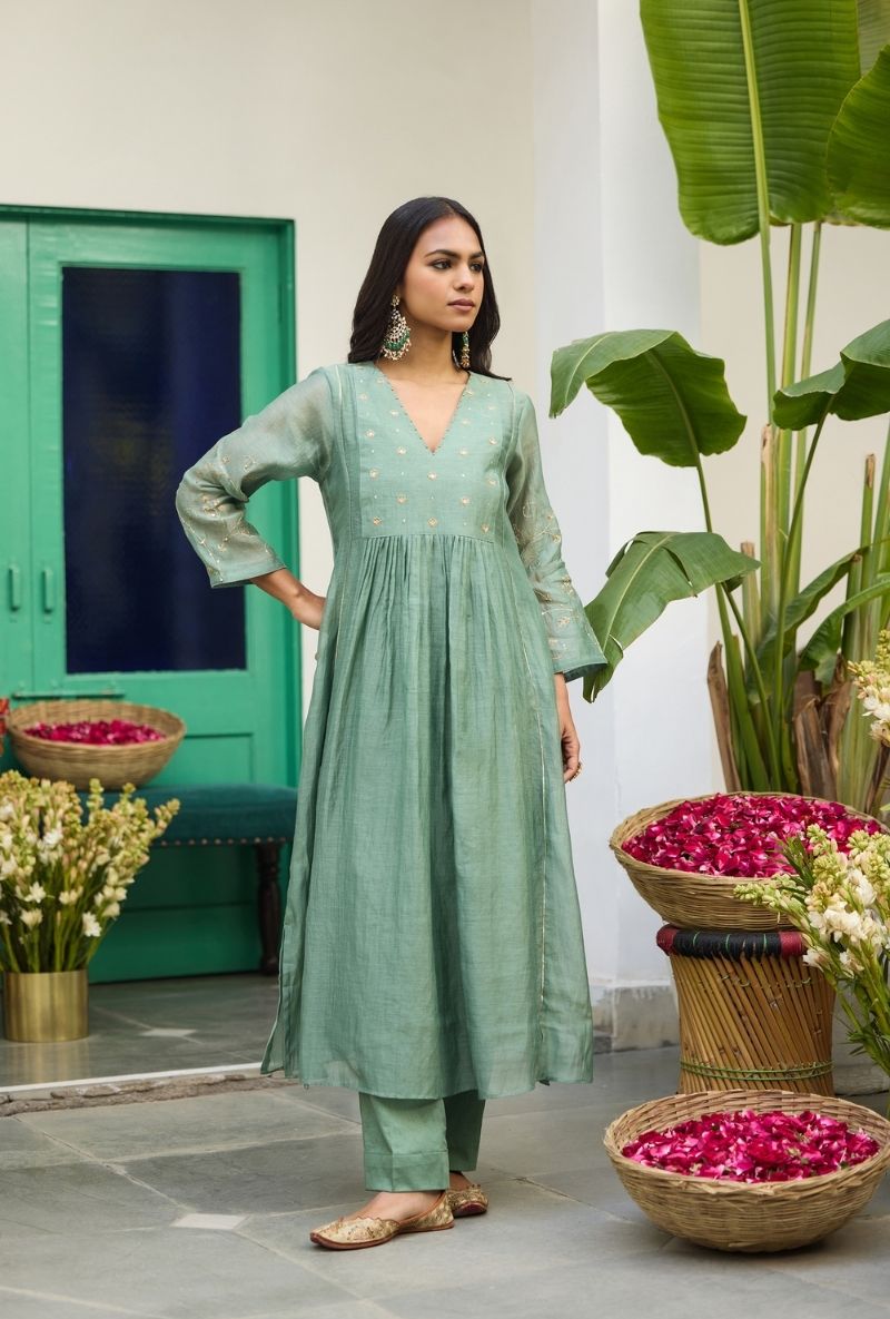 Sage Green Embroidered Front Gather Urvi Kurta Set