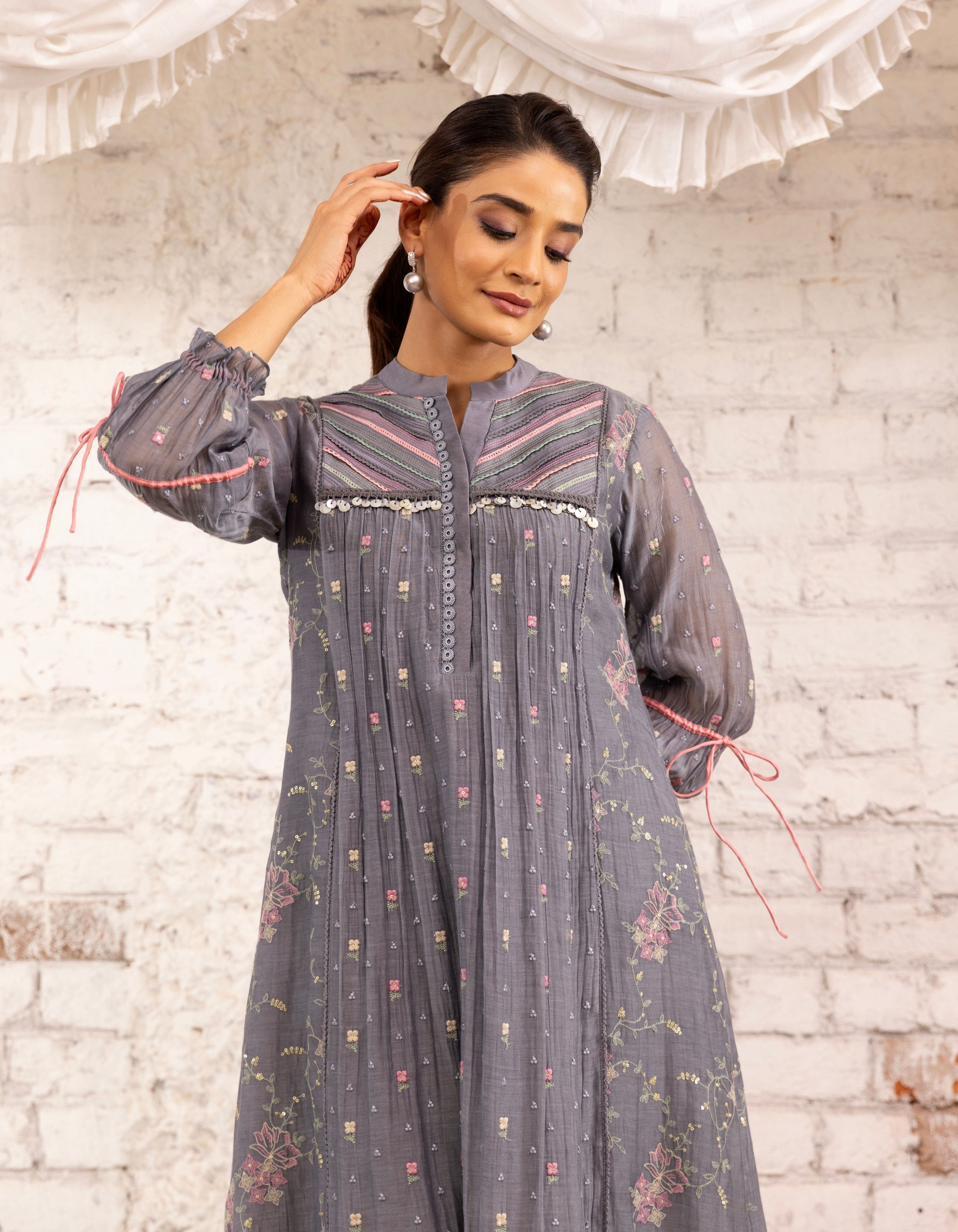 English Blue Threadwork Short Yoke  Noor Kurta Set