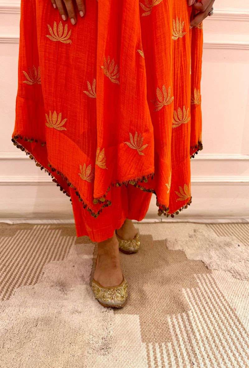 Meghna Nayyar in Orange Lotus Asymmetrical Kurta Set