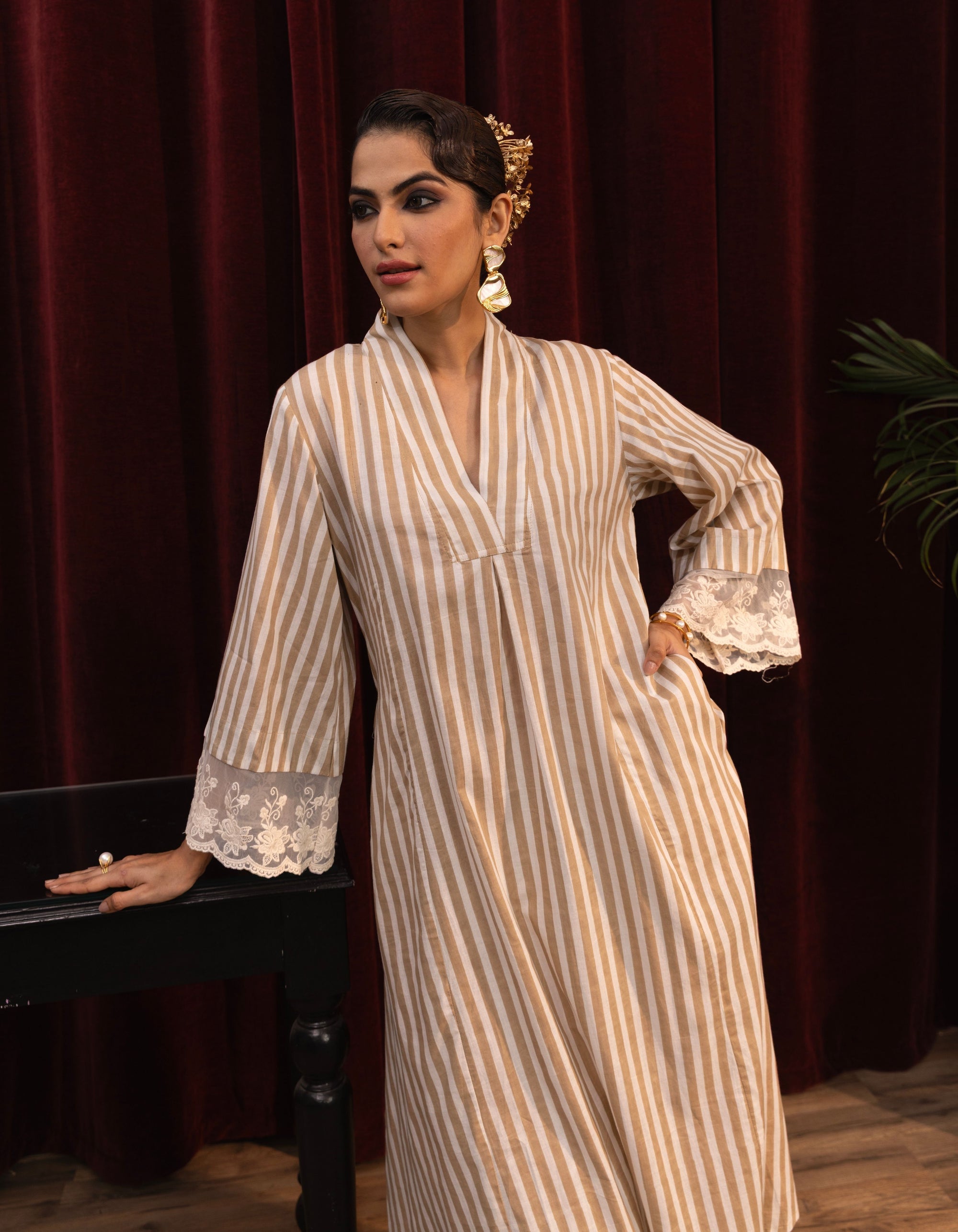Beige and White Stripes Block Print Mogra Kurta  Set