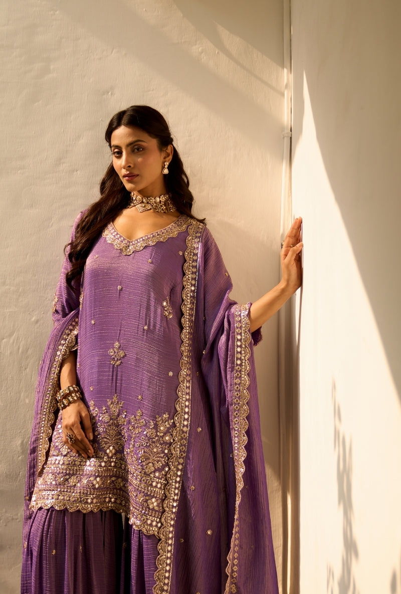 Purple Bead Work Nadira Sharara Set