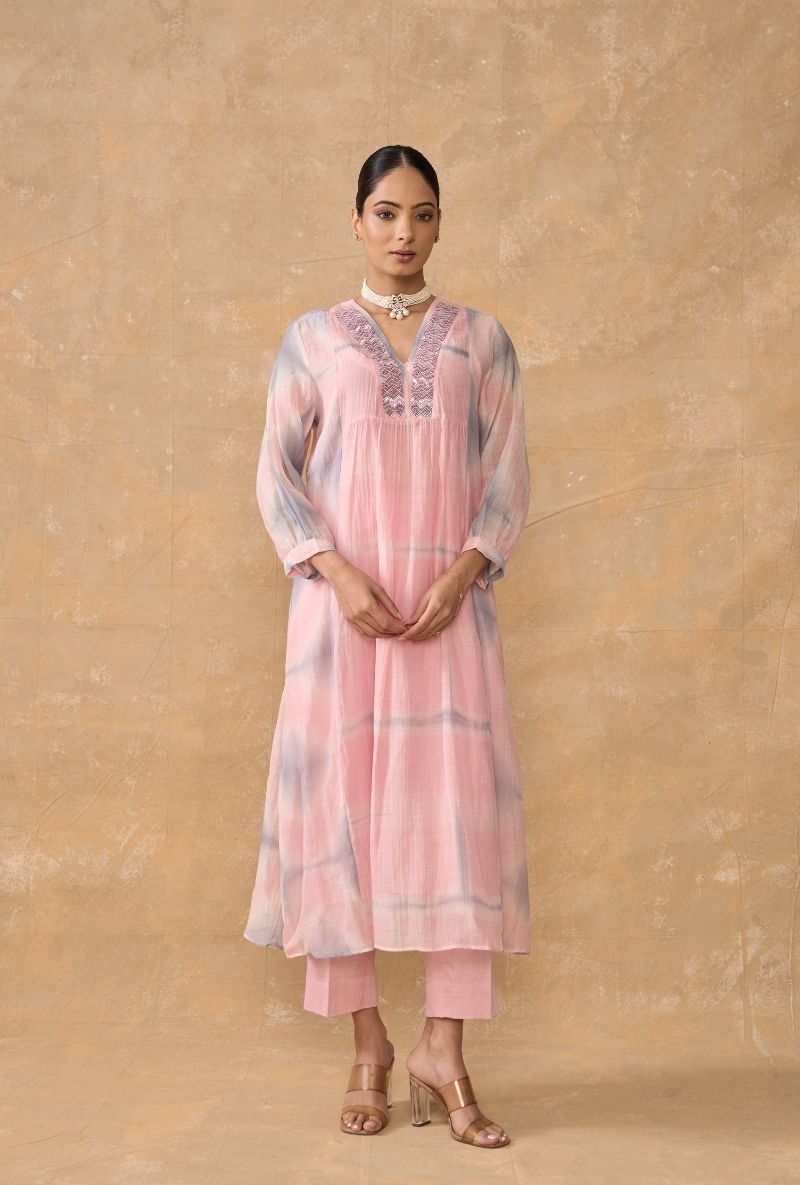 Pink Beaded Neck Clamp Dye Ruhi 2.0  Kurta Set