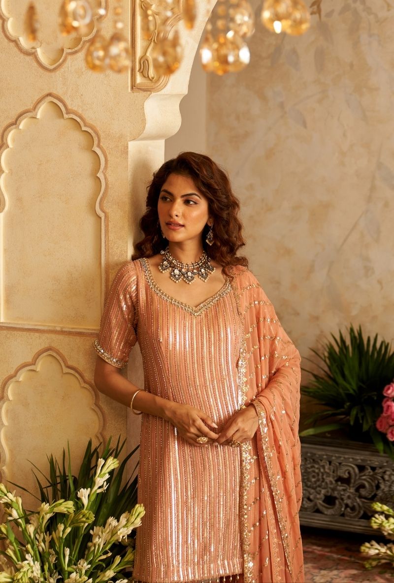 Pink Stripes Sequin Rumi Gharara Set