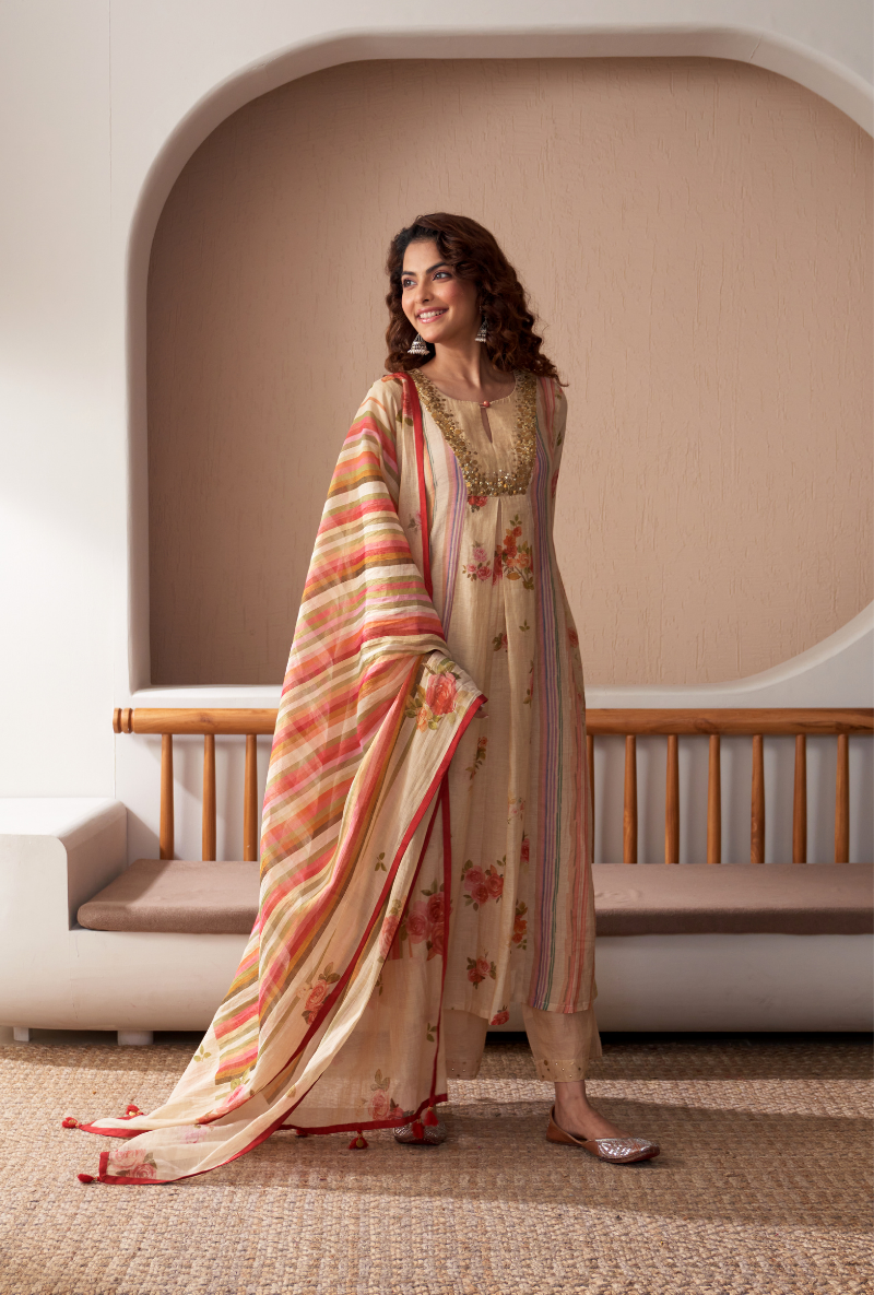 Ivory Sequin Yoke Bageecha Anarkali Set