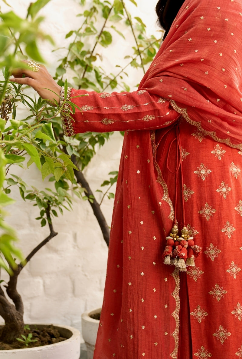 Orange Long Embroidered Sabah Kurta Set