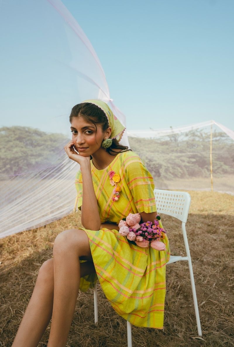 Yellow Colourful Checkered Short Barfi Dress
