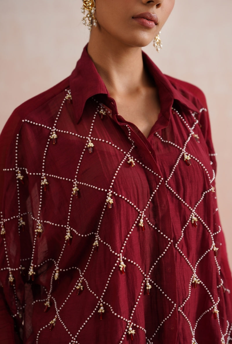 Maroon Pearl and Ruby Embroidered Kimono Prisha Co-ord Set