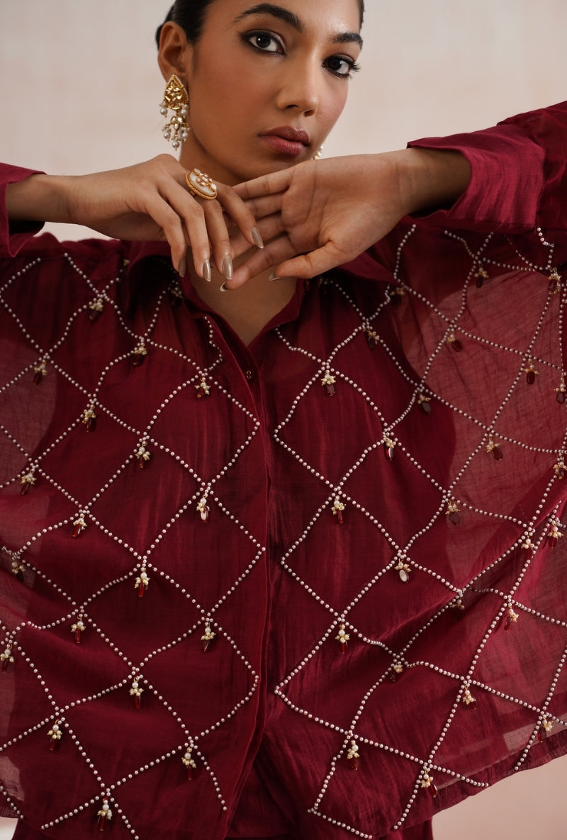 Maroon Pearl and Ruby Embroidered Kimono Prisha Co-ord Set