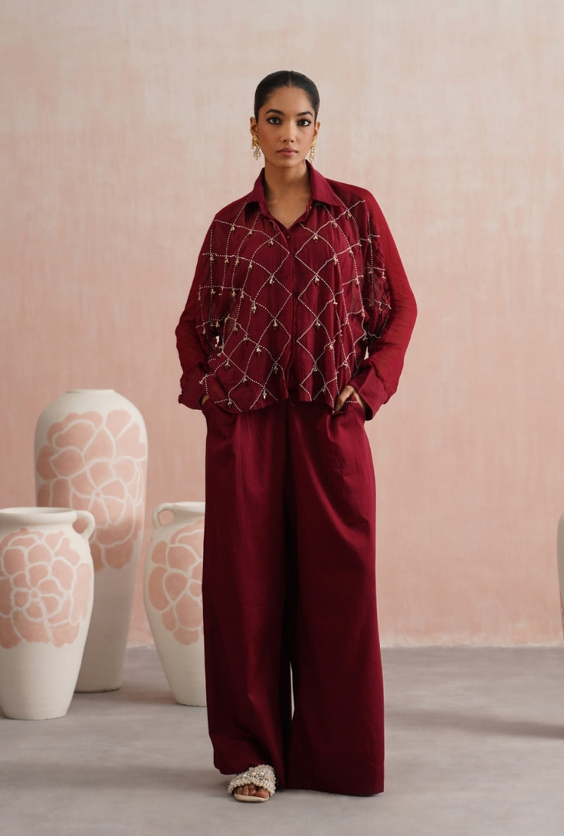 Maroon Pearl and Ruby Embroidered Kimono Prisha Co-ord Set
