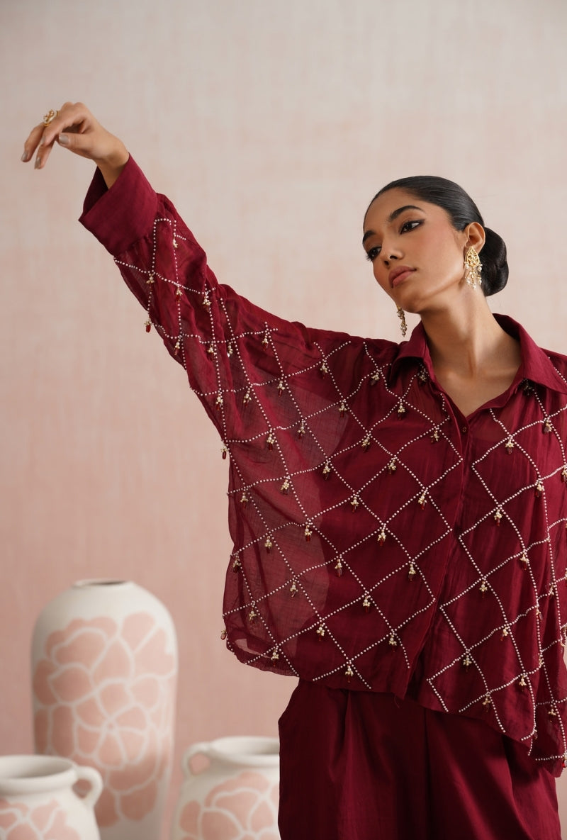 Maroon Pearl and Ruby Embroidered Kimono Prisha Co-ord Set