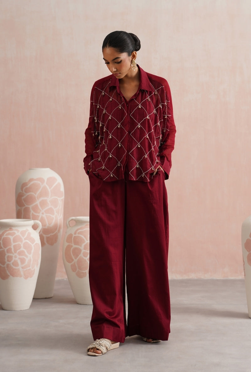 Maroon Pearl and Ruby Embroidered Kimono Prisha Co-ord Set