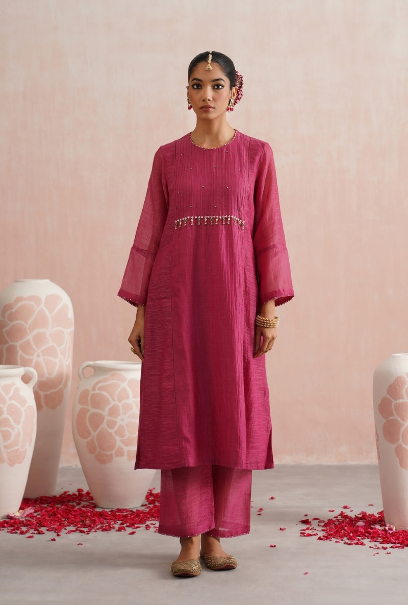 Fuschia Pink Pearl and Jewels Embroidered Prisha Kurta Set