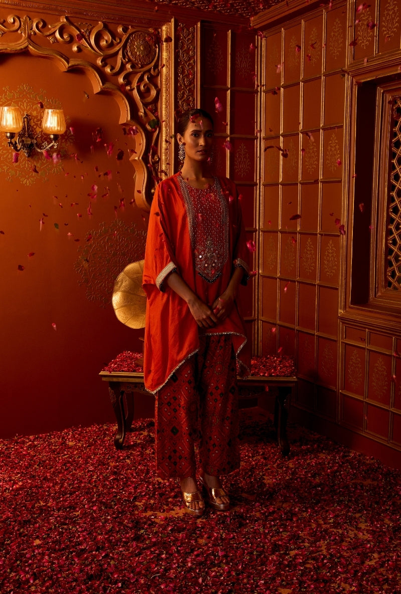 Orange Embroidered Yoke Asymmetric Oorja Kurta Set