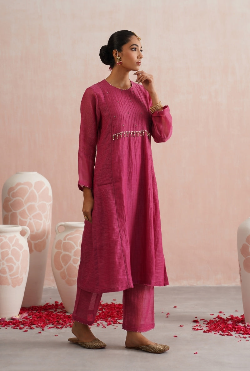 Fuschia Pink Pearl and Jewels Embroidered Prisha Kurta Set