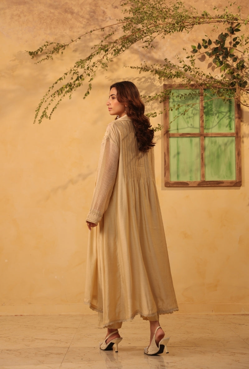 Beige Pintuck Collar Saaz Kurta Set