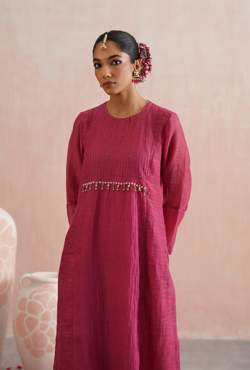 Fuschia Pink Pearl and Jewels Embroidered Prisha Kurta Set