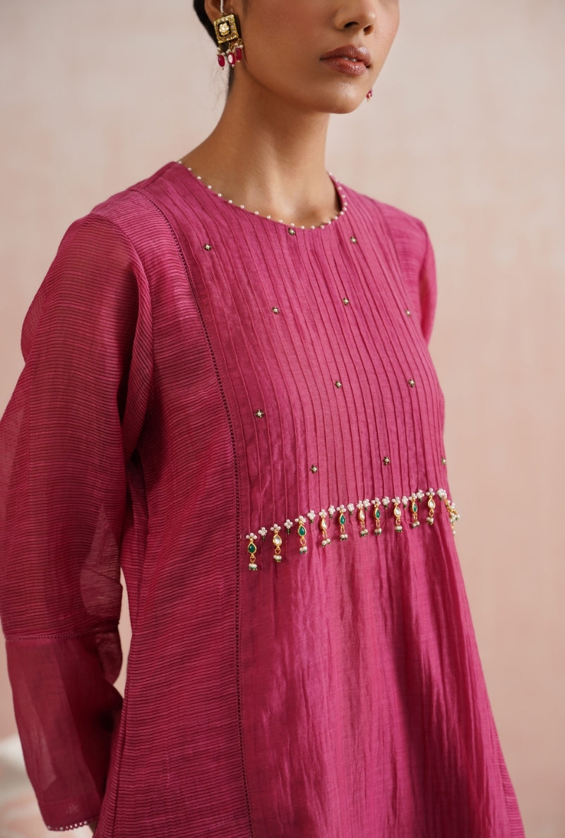 Fuschia Pink Pearl and Jewels Embroidered Prisha Kurta Set