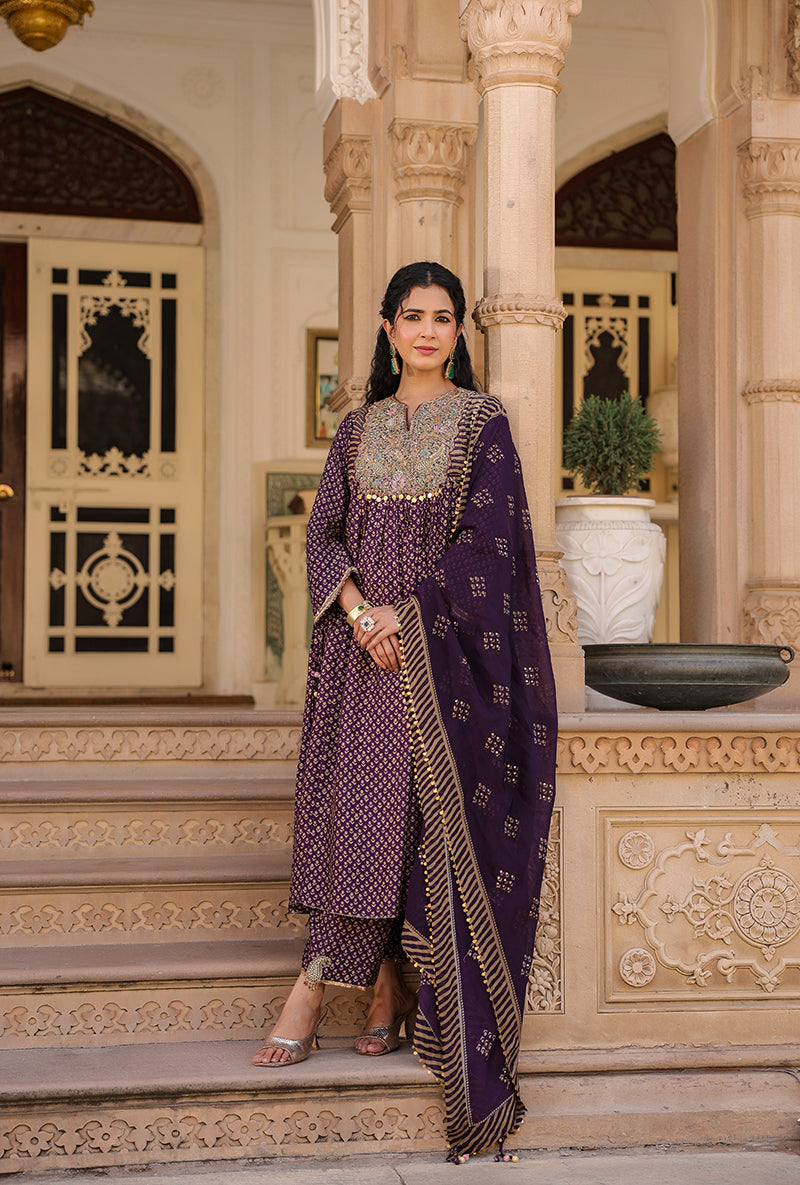 Purple Printed Frockstyle Raag Kurta Set