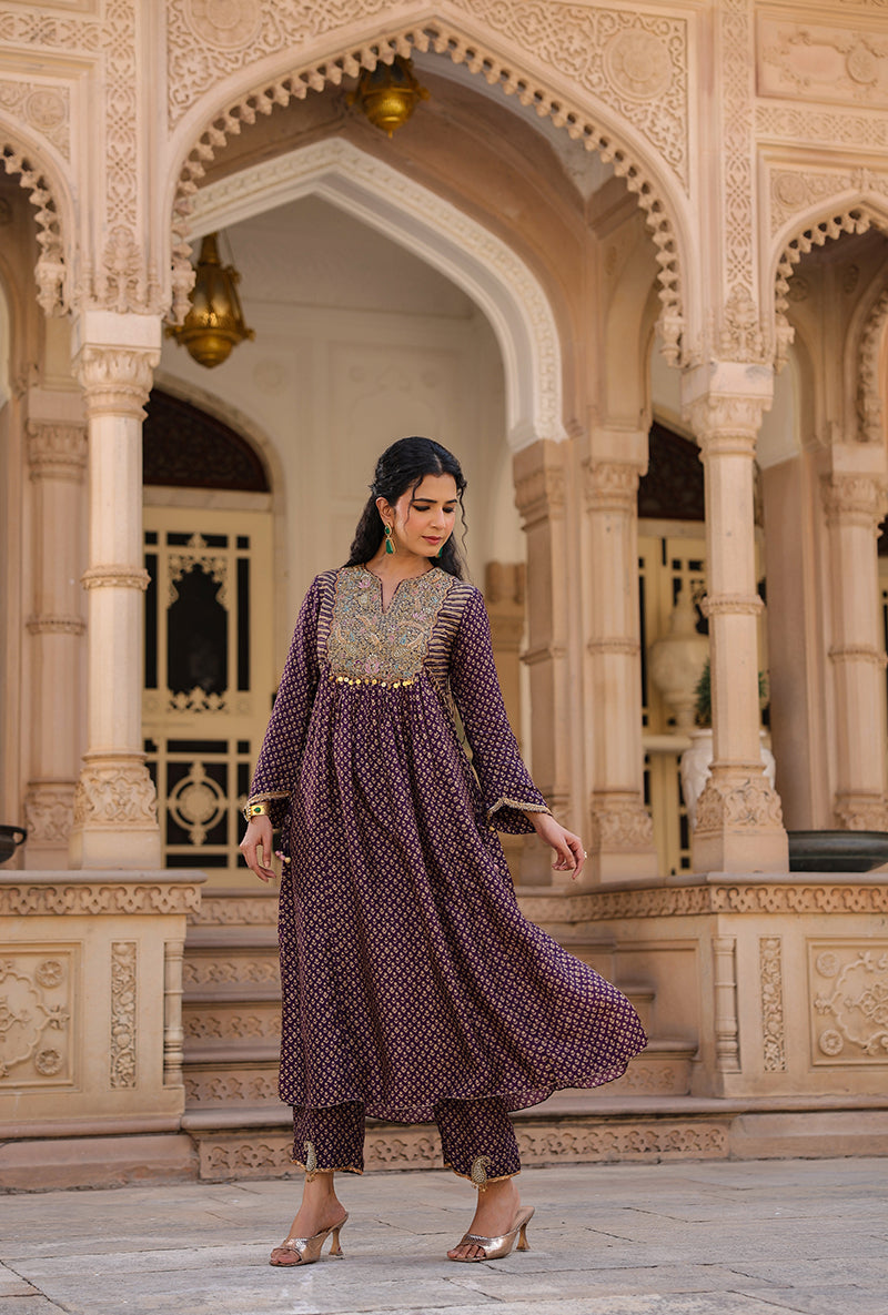 Purple Printed Frockstyle Raag Kurta Set