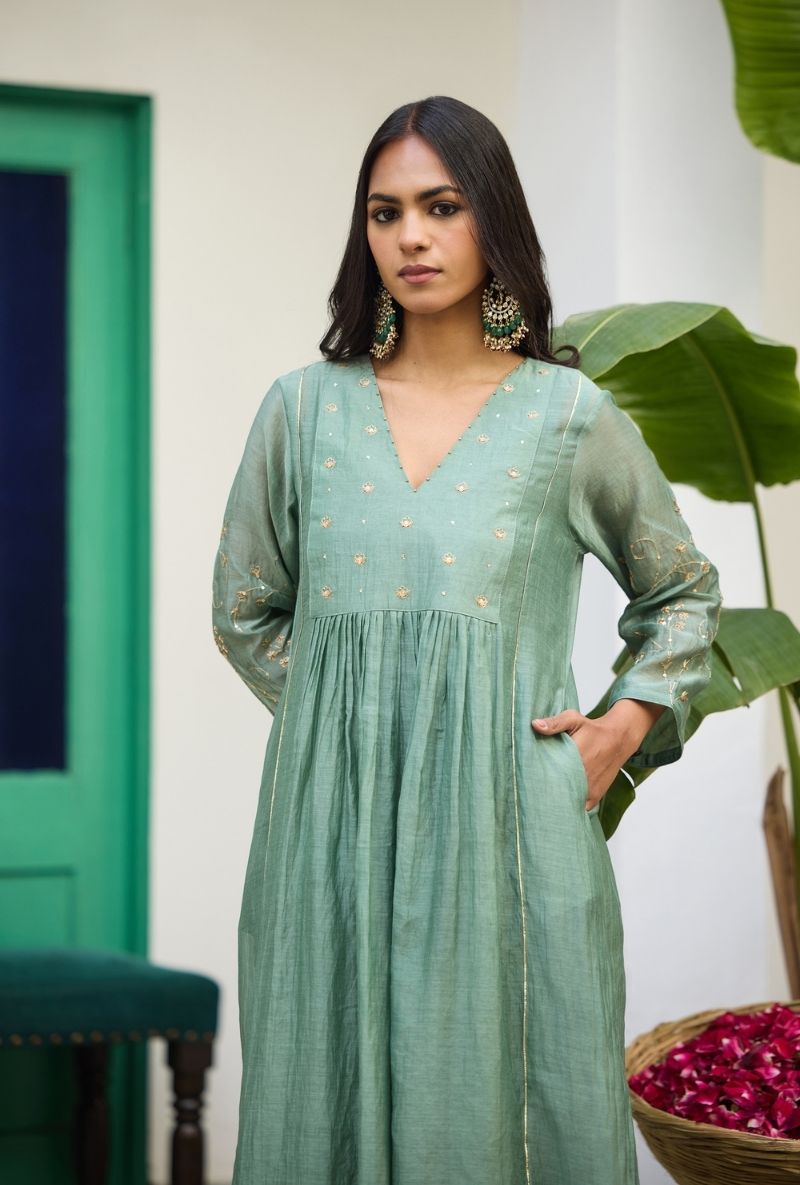 Sage Green Embroidered Front Gather Urvi Kurta Set