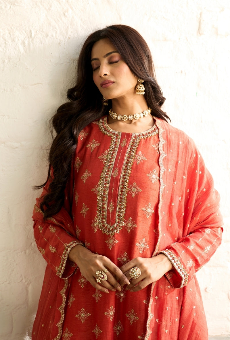 Orange Long Embroidered Sabah Kurta Set