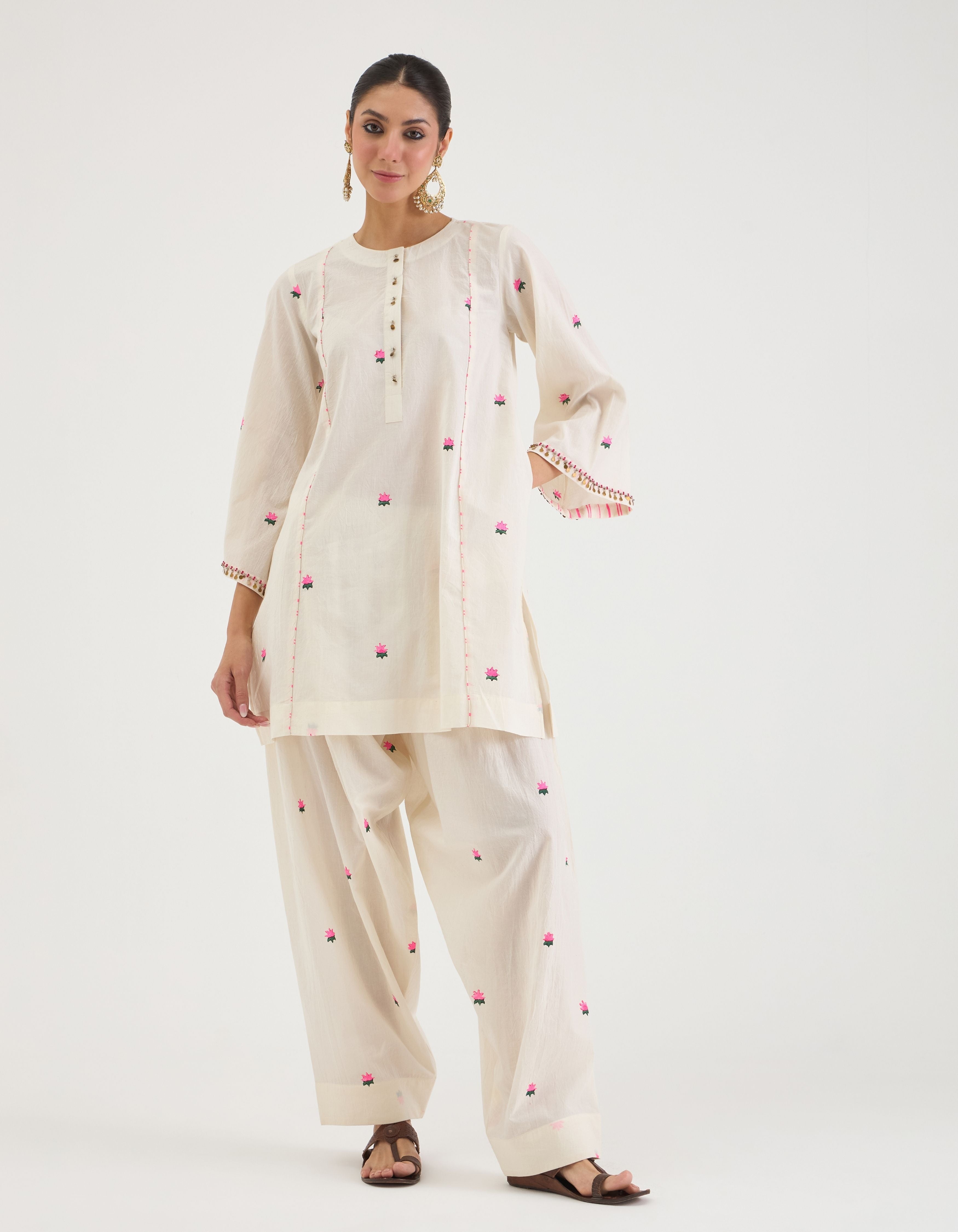 Off White Lotus Print Short Sukhi Kurta Set