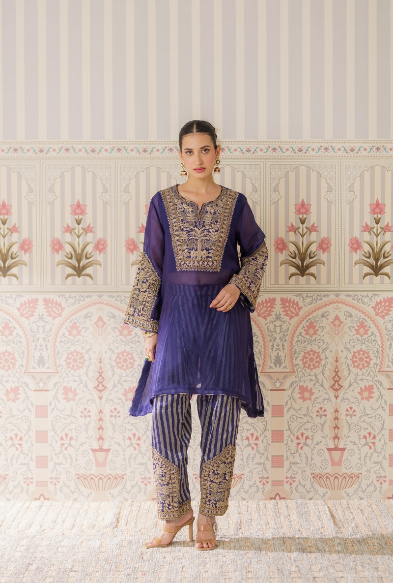 Navy Blue Dori and Sequin Hand Embroidery Mallika Farshi Set