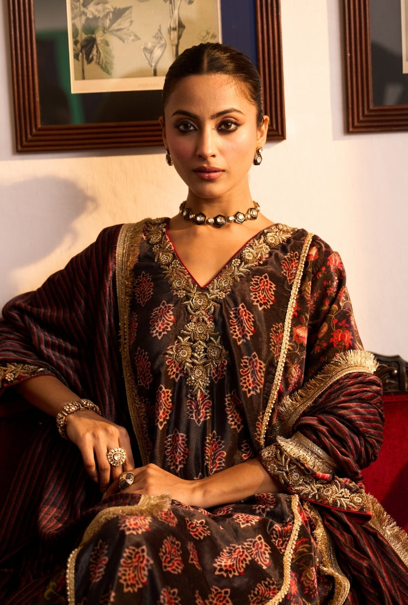 Charcoal Black Printed Panel Dilbar Kurta Set