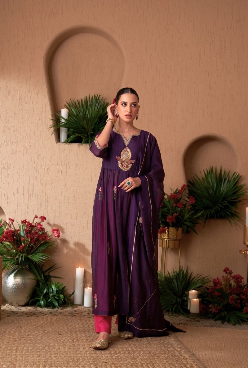 Purple Front Slit Naveli Anarkali Set