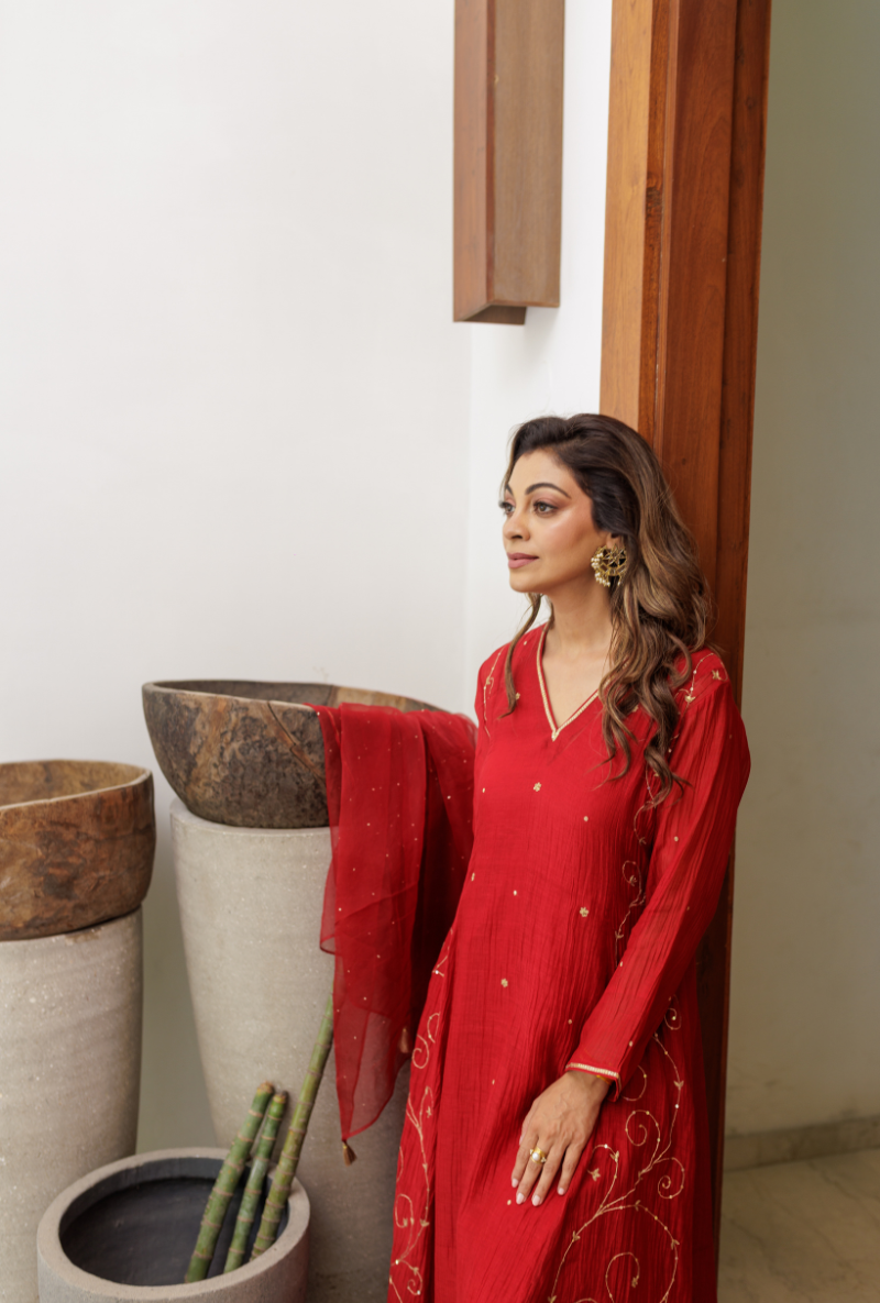 Meghna Nayyar in Red Embroidered Side Panels Urvi Kurta Set